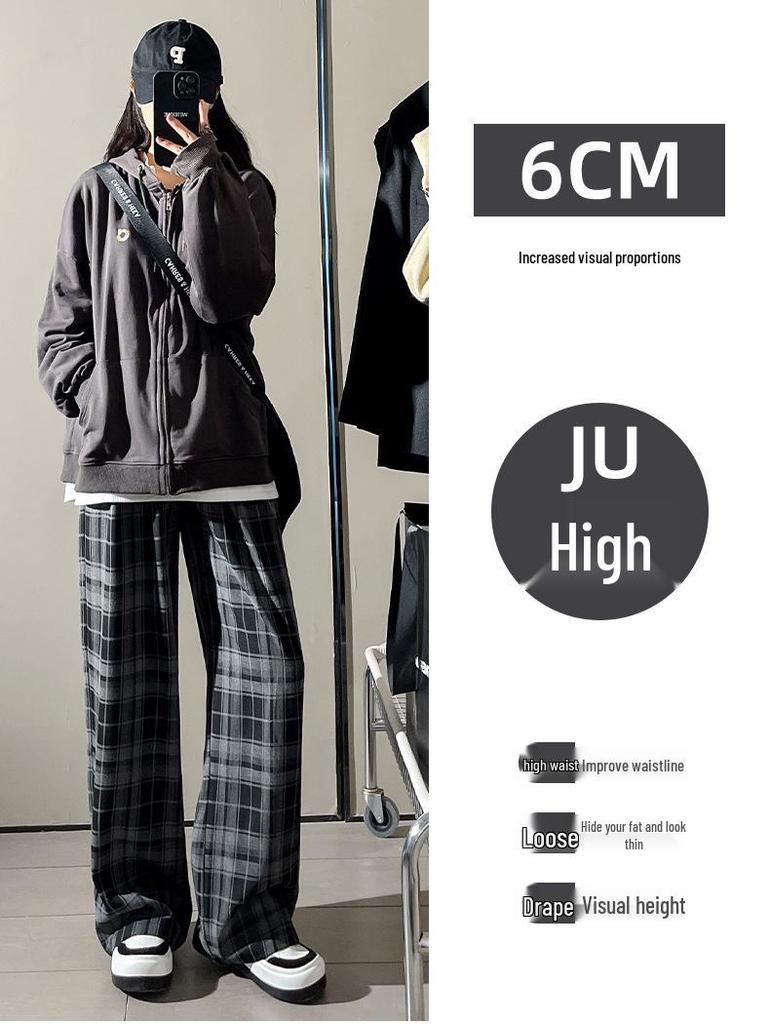 Women's Black & White Plaid Wide-Leg Trousers - Loose Fit, Floor-Length, Perfect for Spring/Autumn