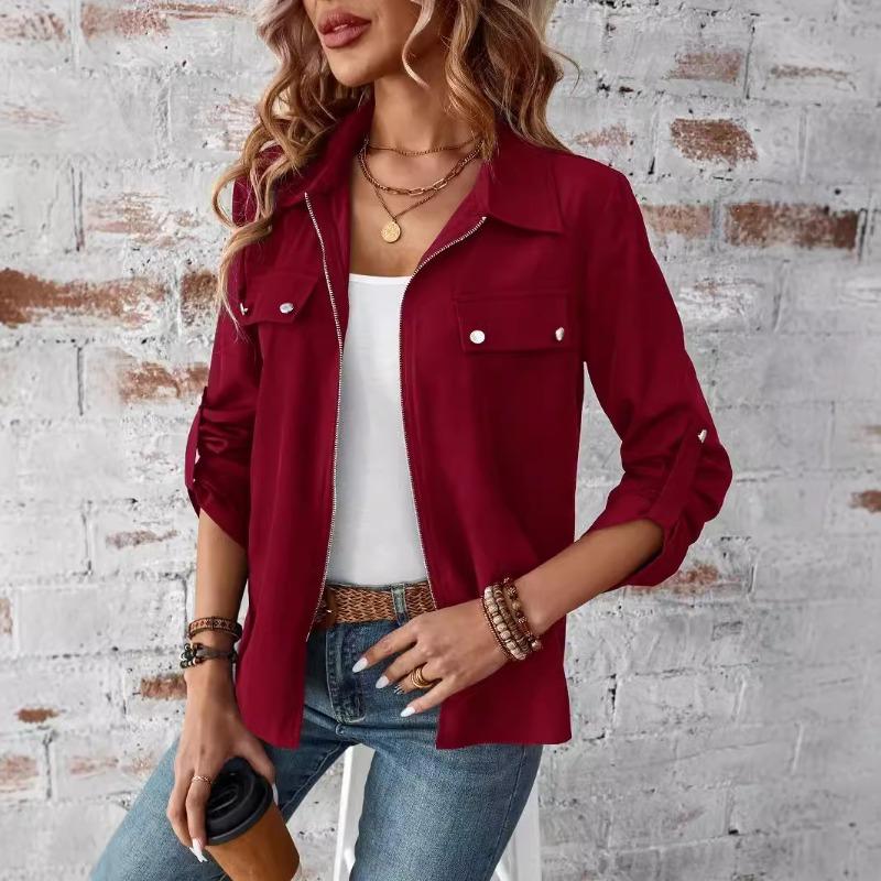 Осенний отложной воротник на молнии повседневные кардиганы куртки женские зимние новые однотонные свободные длинные рукава куртка для женщин модные уличные женские пальто 25827