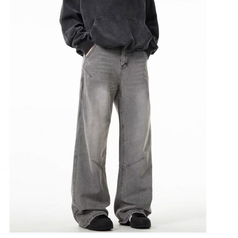 Stonewashed Grey Wide Leg Jeans Teens Men Slim Fit Stretch Denim Pants Casual Streetwear
