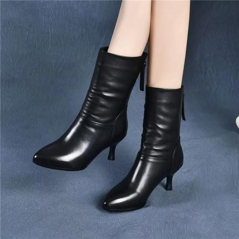 Большие размеры, теплые туфли на высоком каблуке, элегантные женские туфли до середины голени, женские полусапожки на каблуке, весна 2024, водонепроницаемые, новые, в горячем стиле Gyaru Goth