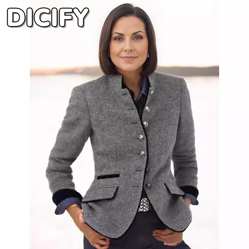 DICIFY Женские винтажные повседневные однотонные куртки и пальто с воротником-поло с длинными рукавами и осенне-зимним принтом