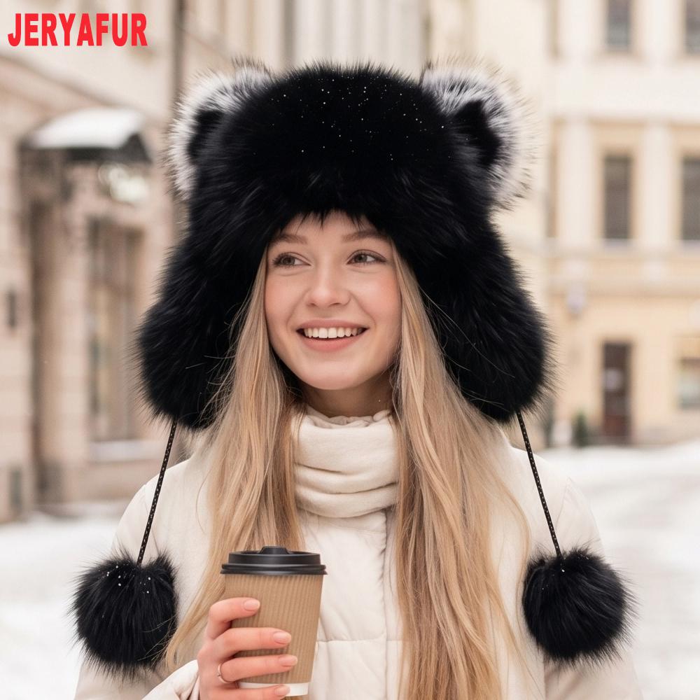 JERYAFUR Женская ушанка с кошачьими ушками, зимняя шапка-траппер, толстый искусственный мех, помпон, теплая, милая, для холодных снежных дней
