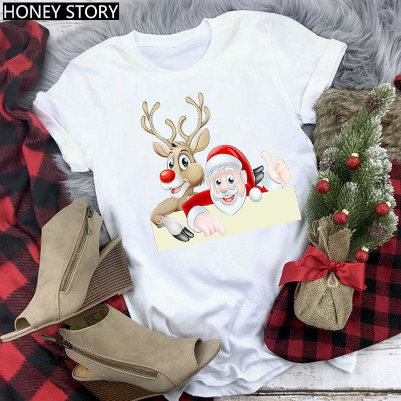 Kawaii Cartoon Merry Christmas Tree Graphics Women T-Shirts 90S Summer Short Sleeves Loose Round Neck Female Y2K Tops