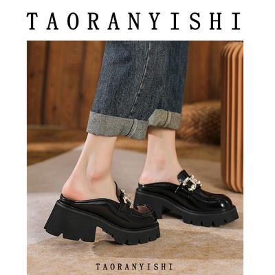 Баотоу полутапочки женские летние ленивые тапочки прохладные тапочки толстый каблук платформа лоферы