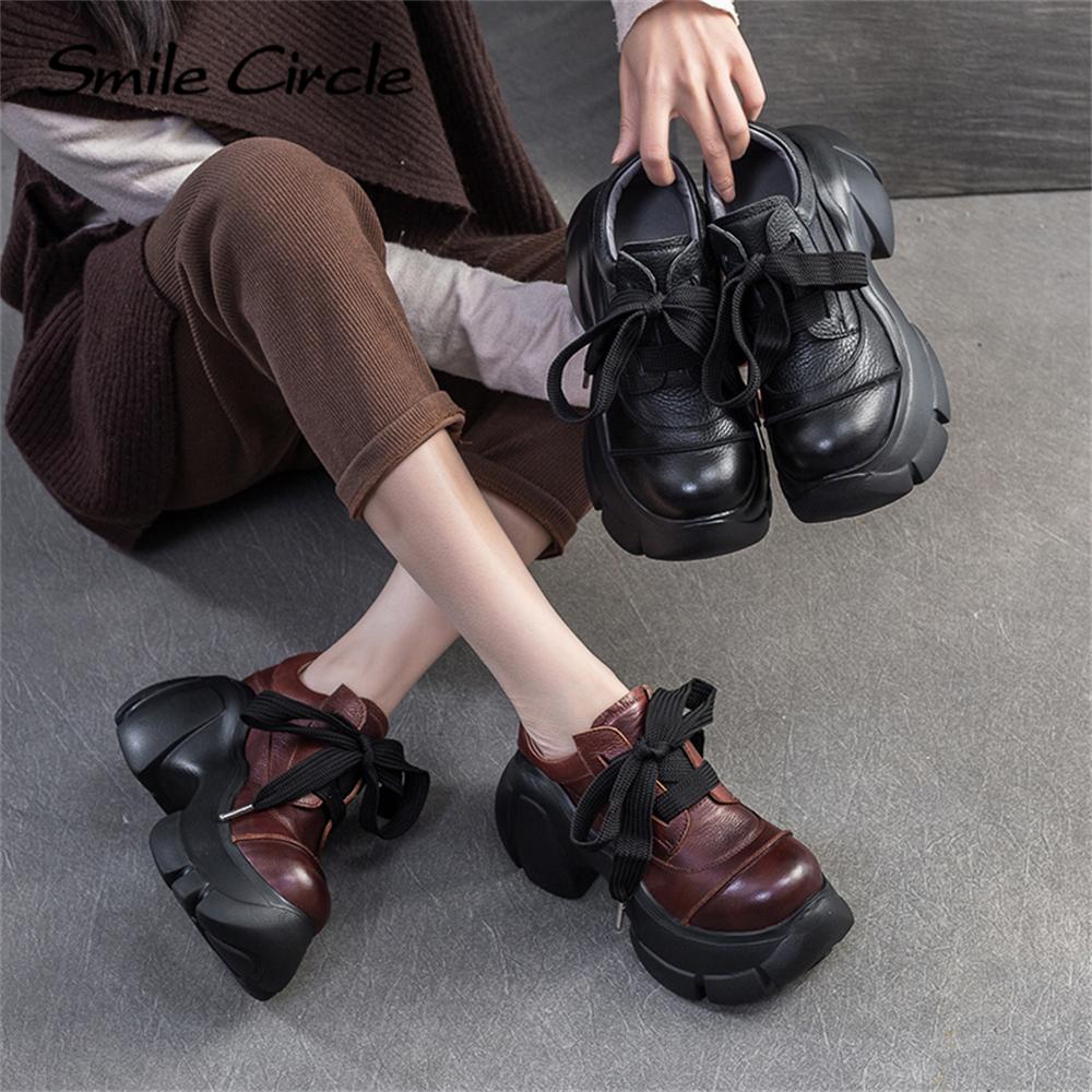 Женская повседневная обувь из натуральной кожи с круглым носком, увеличивающая рост, обувь на толстой подошве, модная удобная обувь на плоской подошве