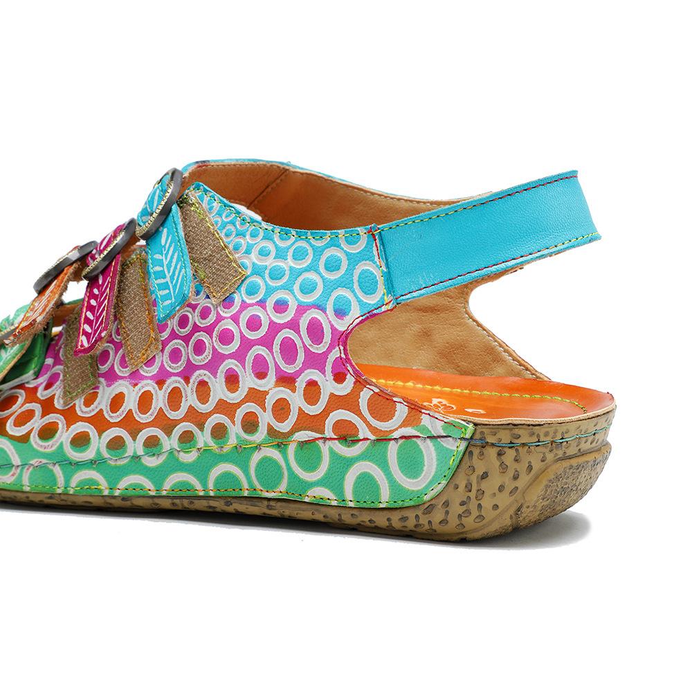 Johnature Женская обувь в стиле ретро из натуральной кожи, летние цветные сандалии на плоской подошве, удобные дышащие пляжные сандалии с ручной росписью
