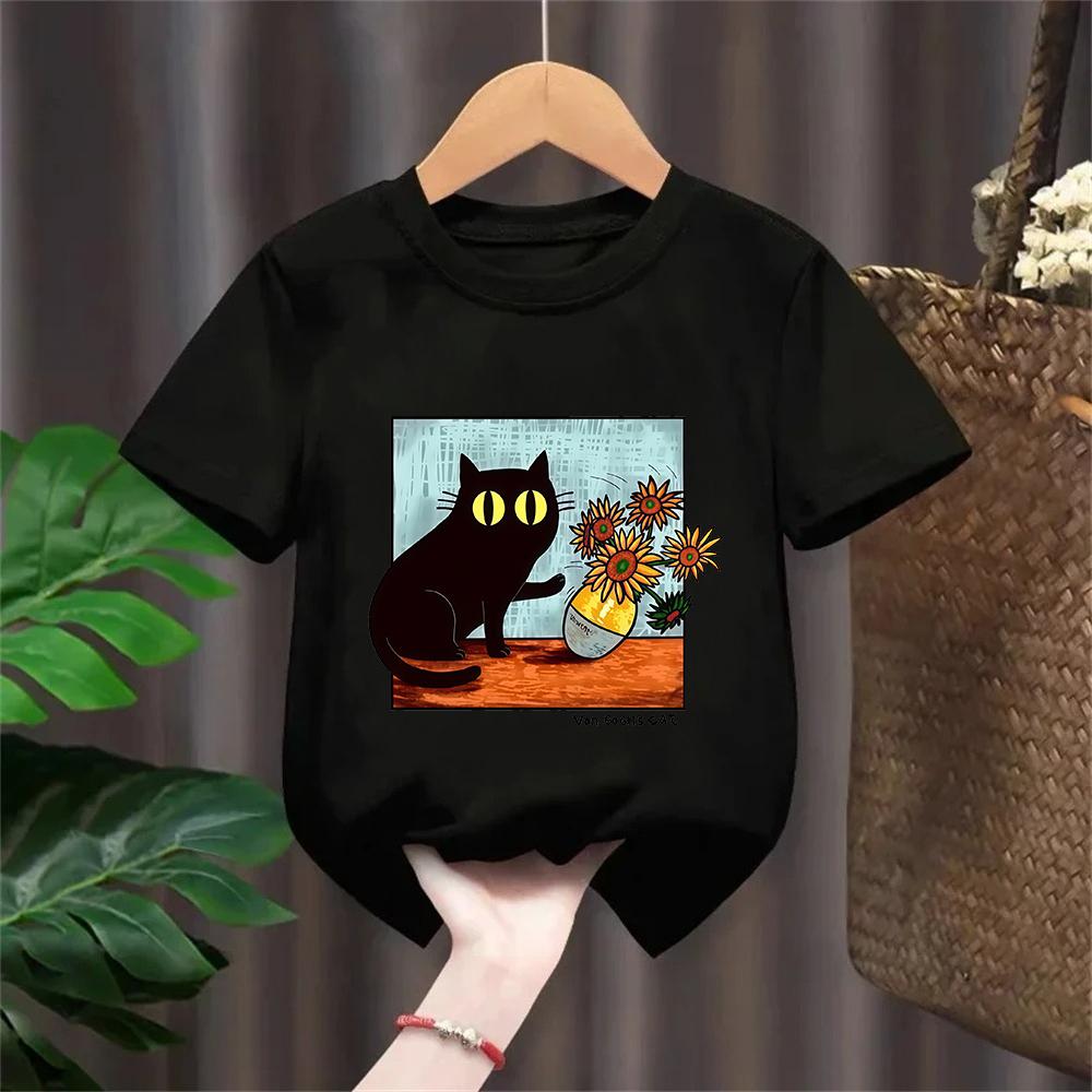Van Gogh Cat Graphic T Shirts Boysgirls Flower Black Cat Tshirt Round Neck Short Sleeve Trendy Tee Kawaii Kids Clothing
