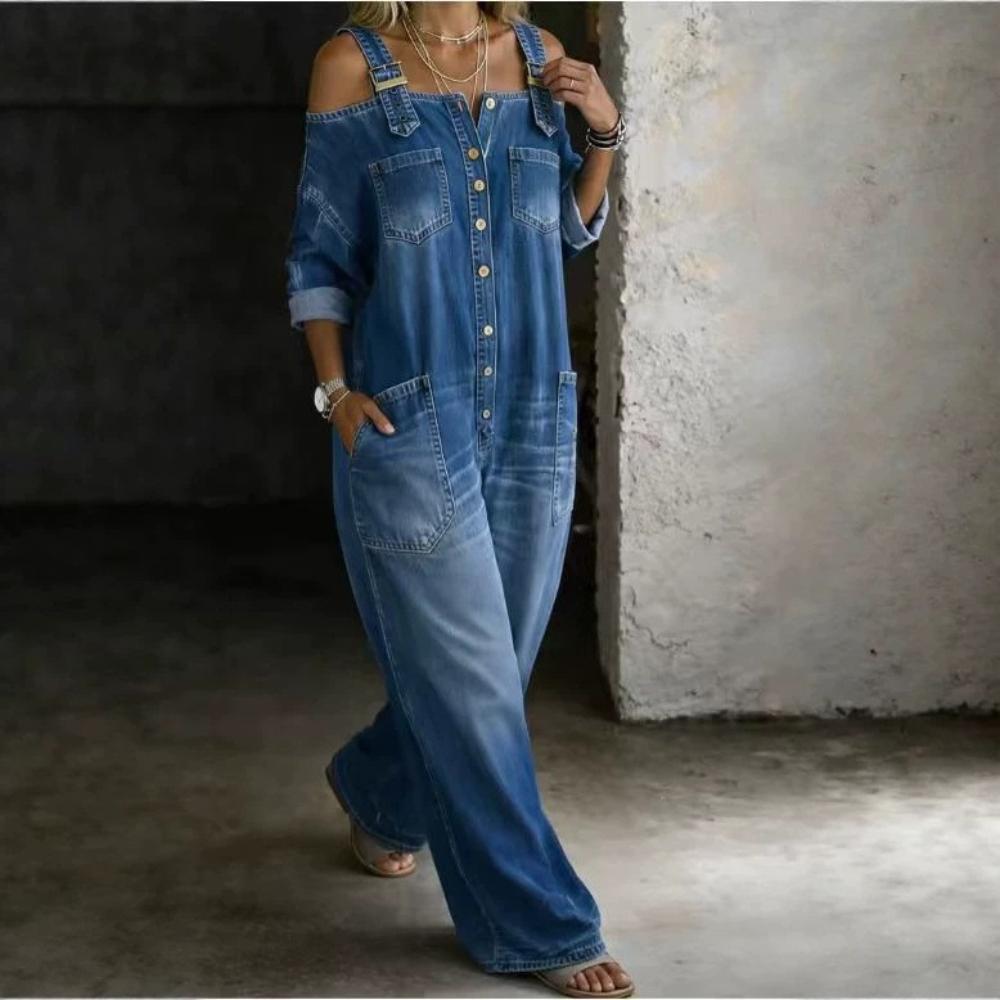 Loose Fit Bodycon Romper for Women Summer Denim Suspender Jumpsuit Long Sleeve Off Shoulder Overalls with Adjustable Straps