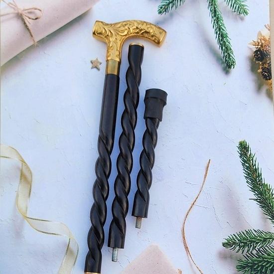 Unique Brass Handle Walking Stick, Handmade Wooden Foldable Cane, Golden Handle Walking Cane And Stick