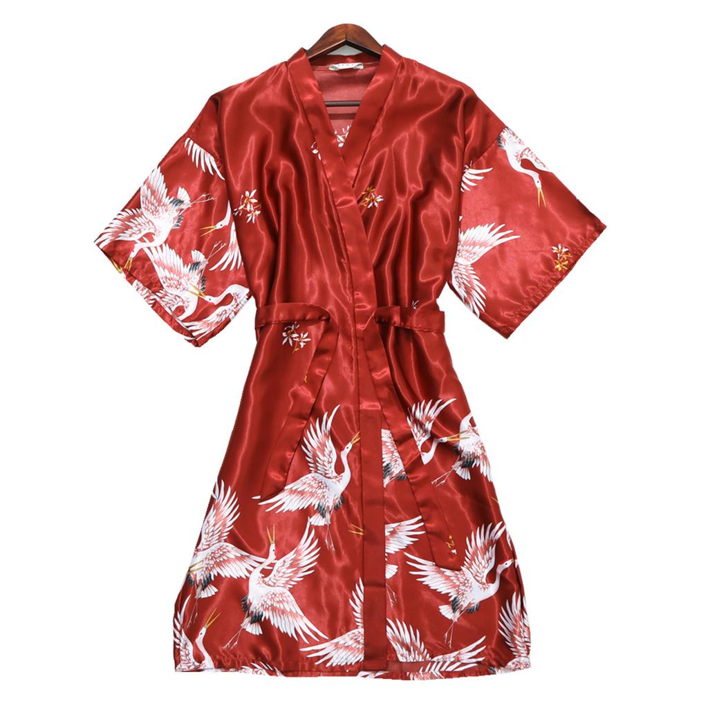 Sleeping Robe Cranes Printed Imitation Silk Single Robe Wedding Bridesmaid Morning Robe Home Increase Robe Fashion Temperament Elegant