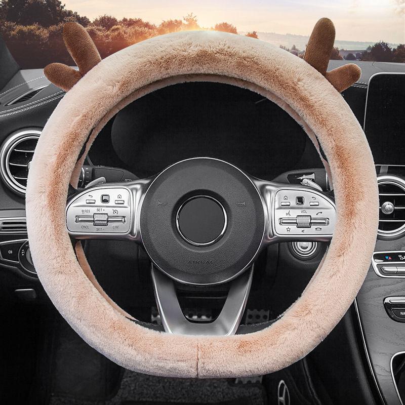 Car Accessories Winter Warmth Steering Wheel Cover Christmas Gift Cute Antlers Steering Wheel Protections Cover Plush Anti-Slip