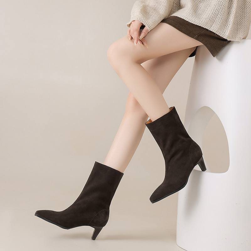 Krazing Pot Замша Нубук Осень Зима Обувь Толстый Высокий Каблук Большой Размер 43 Современные Сапоги Квадратный Носок Сохраняют Тепло Слипоны Сапоги до середины икры