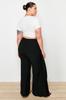 Women's Style Plus Size Pants Black Wrap Closure Detailed Beach Textile Woven Trousers