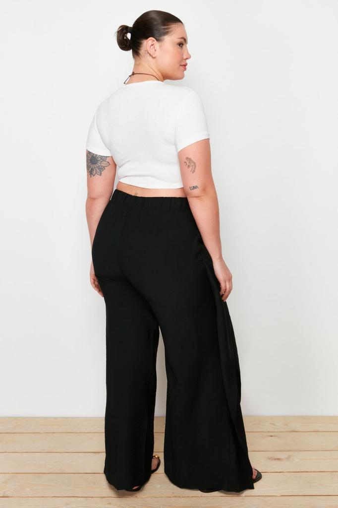 Women's Style Plus Size Pants Black Wrap Closure Detailed Beach Textile Woven Trousers