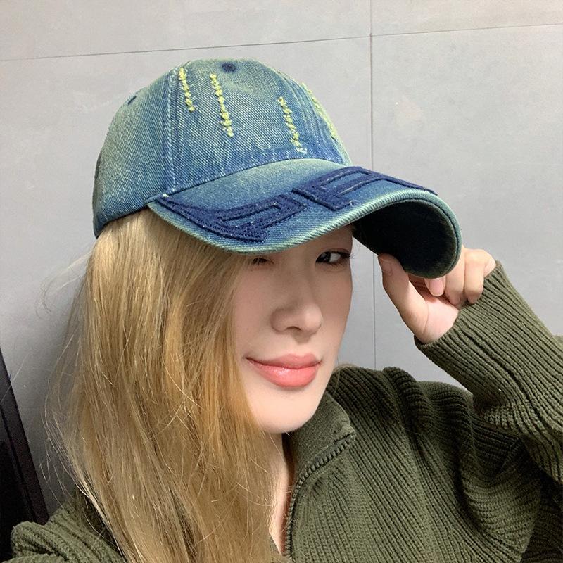 Washed denim hat for men, Korean style vintage sunshade baseball cap, fashionable and versatile, embroidered soft-top distressed duckbill cap for