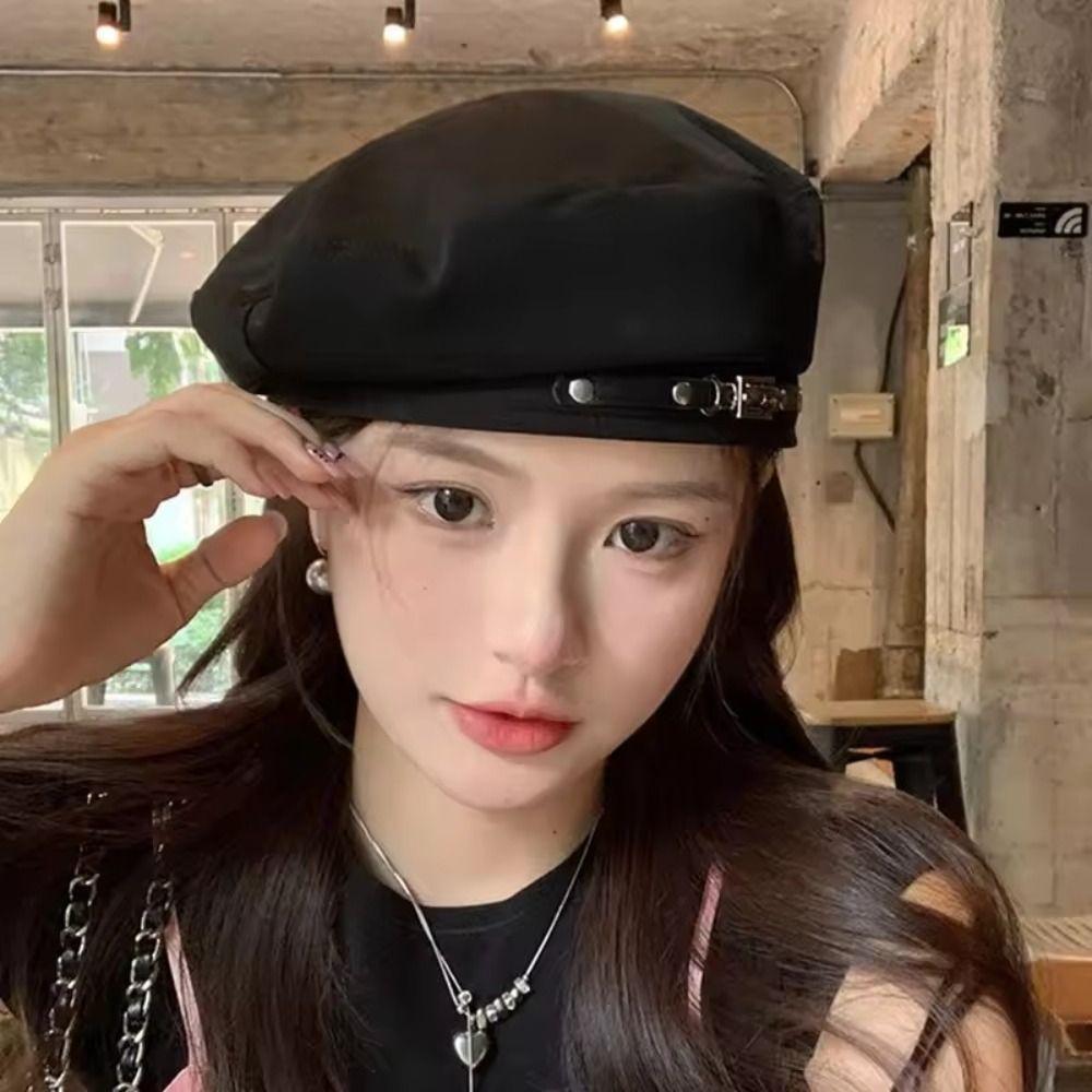 Solid Color Vintage Beret Hat Korean Style Painter Cap Fashion Metal Buckle Octagonal Hat Winter
