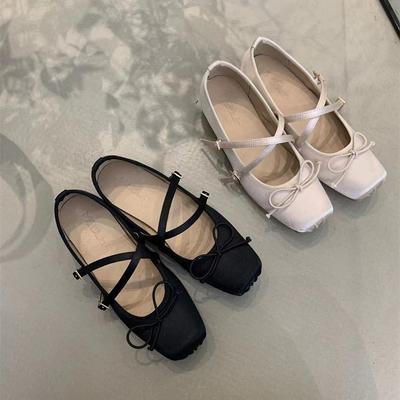 Ретро нежная юбка феи низкий каблук квадратный носок бант ремешок одинарная обувь женская 2025 новая обувь в балетном стиле женская