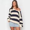 Women's Autumn and Winter Fashion Casual Loose Knitted Sweater Slant Shoulder Niche Dopamine Stripe Sweet Top