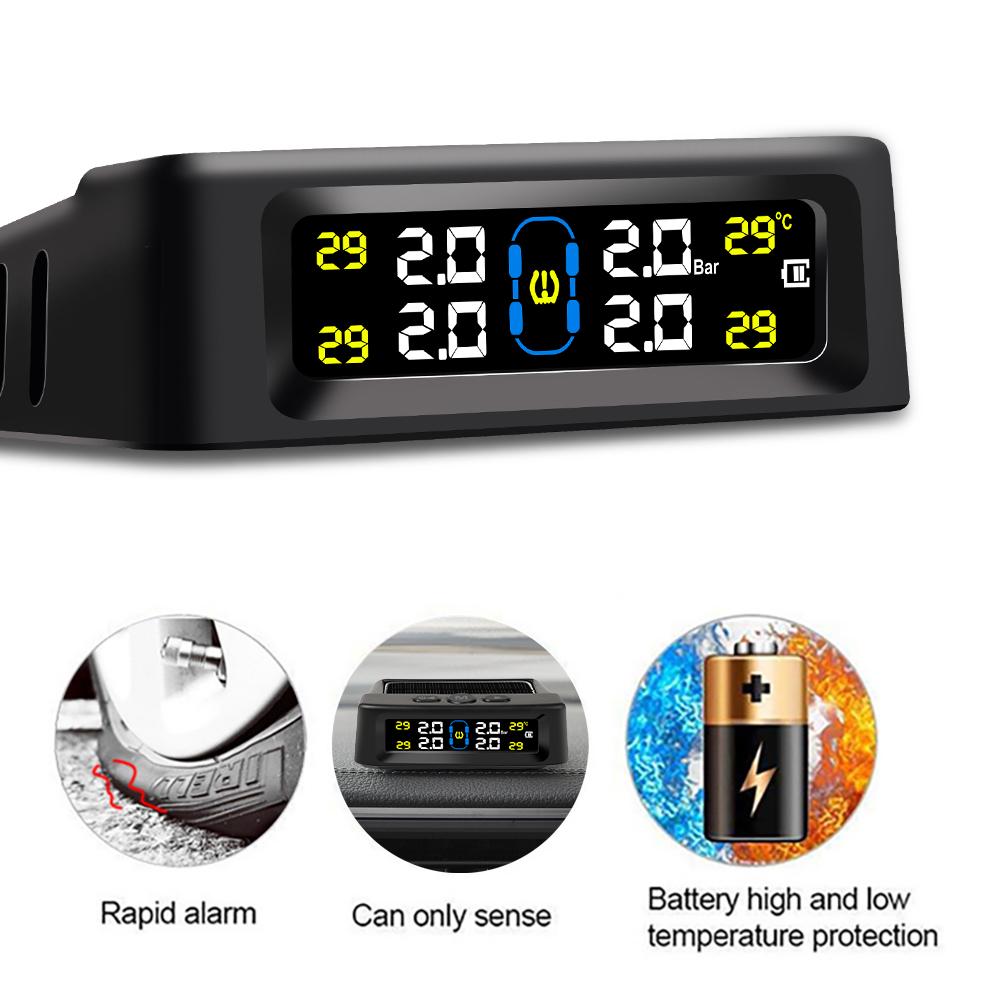 Solar TPMS Car Tire Pressure Alarm Device Auto Tyre Pressure Security Colorful Digital Display 4 External Sensors Tire Pressure Temperature Warning