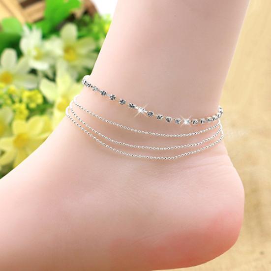Women's 4 Layers Rhinestone Beads Sandal Beach Anklet Ankle Chain Foot Jewelry