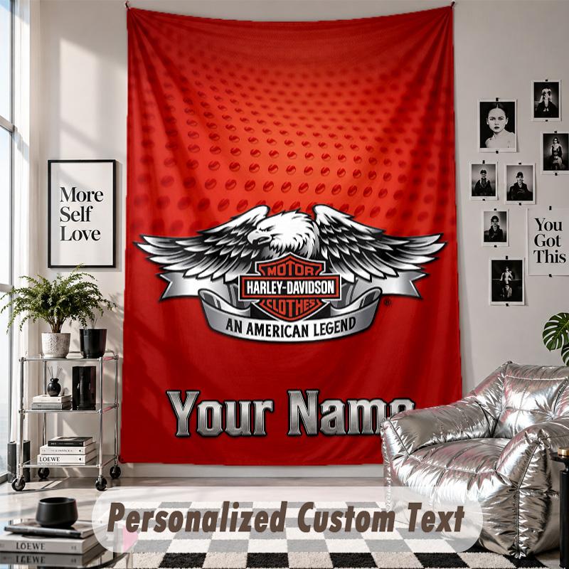Wall Hanging Tapestry With Custom Name & Text, Harley-Davidson Decorative Tapestry For Bedroom