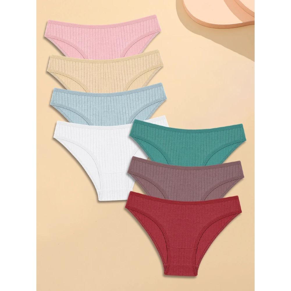 7Pcs Woman Cotton Underpants Sexy Breathable Striped Briefs Female Solid Color Soft Underwear Girls Comfortable Lingerie