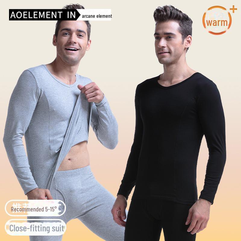 Комплект мужского хлопкового термобелья для молодежи – тонкий, облегающий, с V-образным вырезом, низким воротником, осенняя рубашка и брюки.