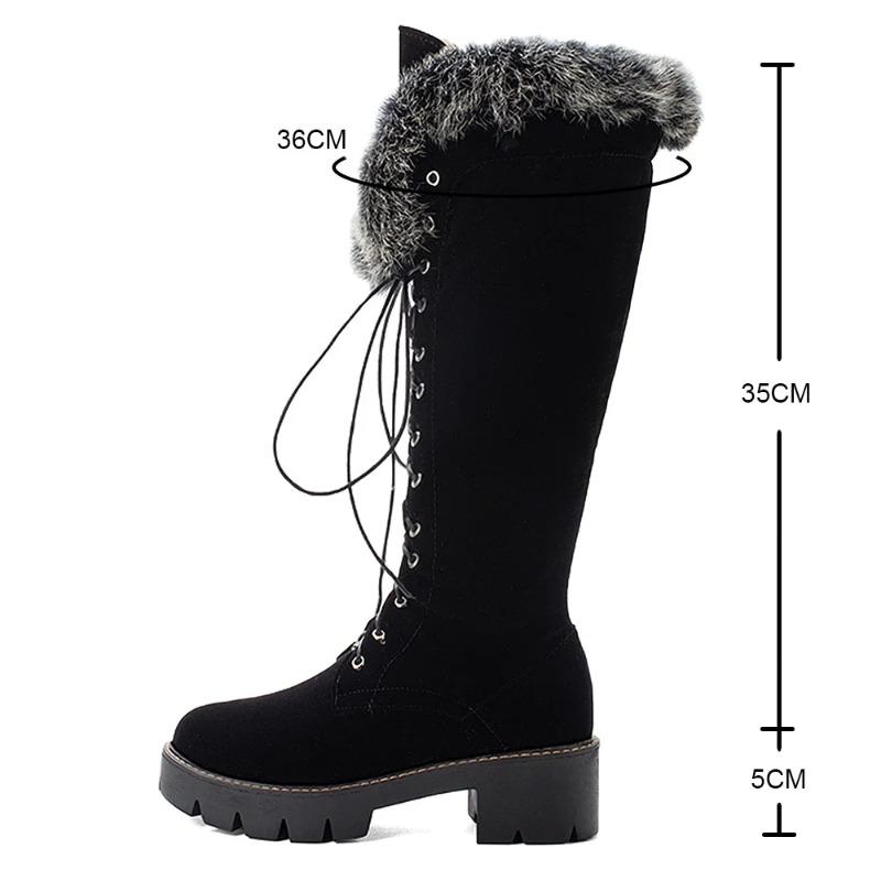 Fashion Lace-up Winter Shoes Women Snow Boots Real Fur Boots Women Knee High Suede Thick Heel Warm Outdoor with Zip Big Size 43