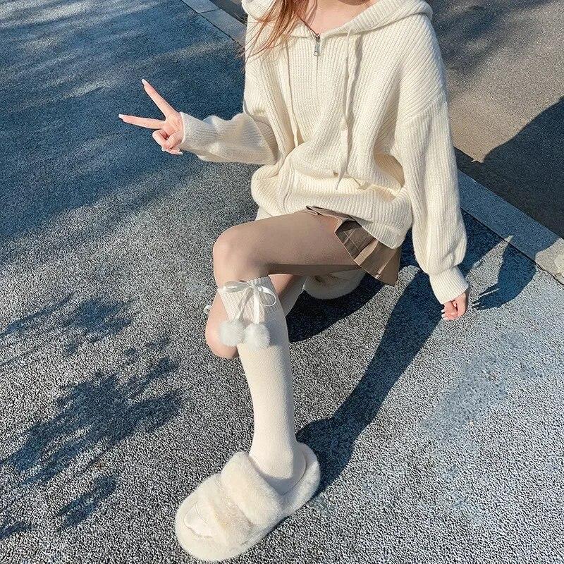 Autumn Winter Women Stockings Wool Cashmere Ball Thermal Long Socks Women Thigh High Stocking Girls Cute Kawaii Thigh High Socks