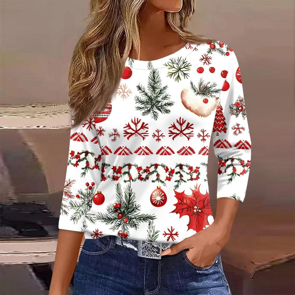 Женская футболка с рождественским принтом, рукав 3/4, повседневная, модная, на выходные, базовая, с круглым вырезом, стандартный топ