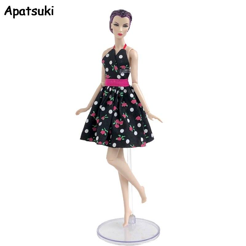 Черное платье в горошек с цветочным принтом для куклы Барби, наряды, одежда, вечернее платье, одежда для кукольного домика Барби, аксессуары