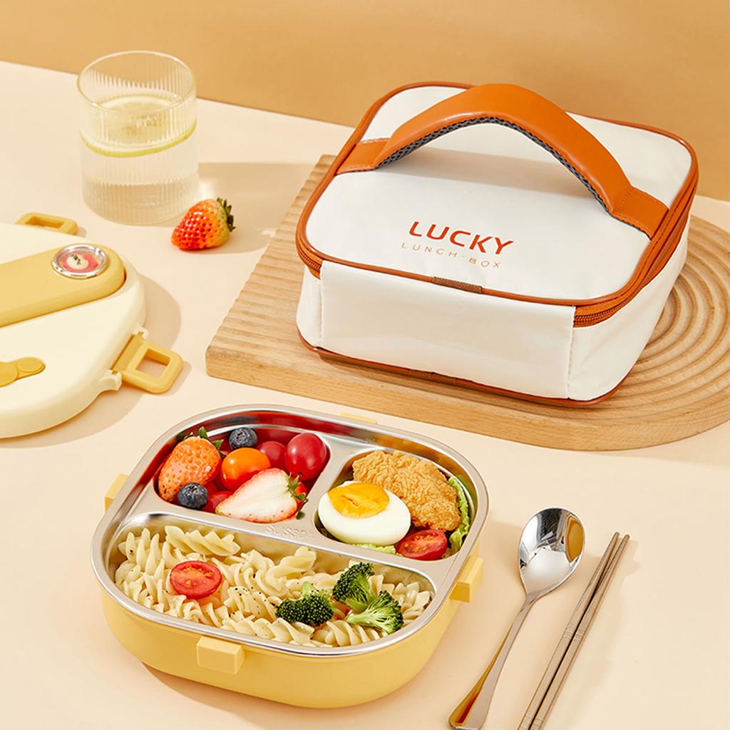 800Ml 304 Stainless Steel Divided Lunch Box With Cutlery Microwave 3/4 Grids Leak Proof Large Capacity Lunch Container