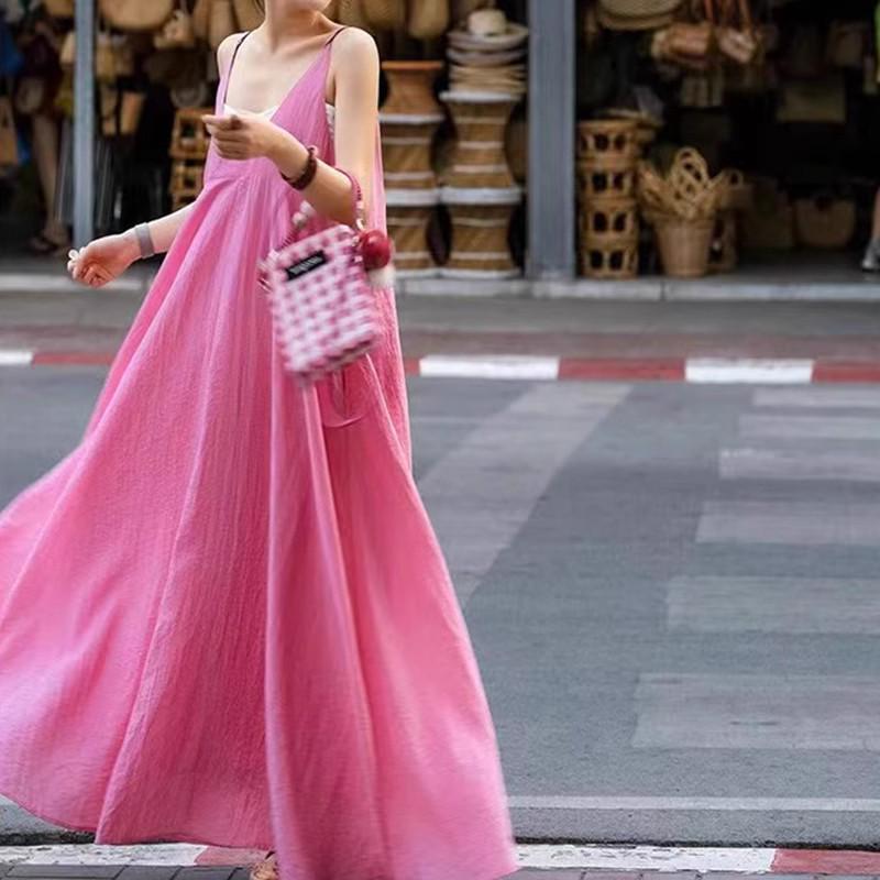 Розовое платье-слинг феи - Женское летнее длинное платье во французском стиле 2025 года