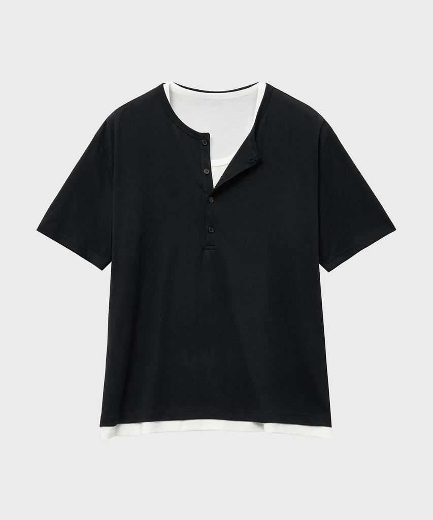 NOIRER Многослойная футболка-henley с коротким рукавом (Черная слоновая кость)