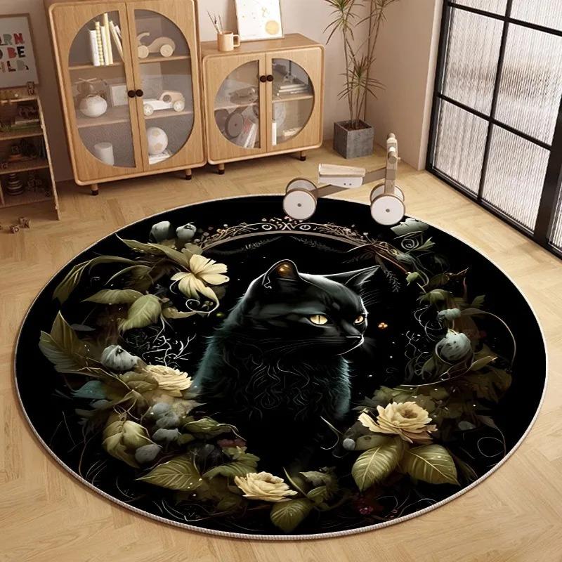 Moon Cat Round Rug Fantasy Floral Space Pattern Carpet Living Room Bedroom Kids Room Decorative Floor Mat