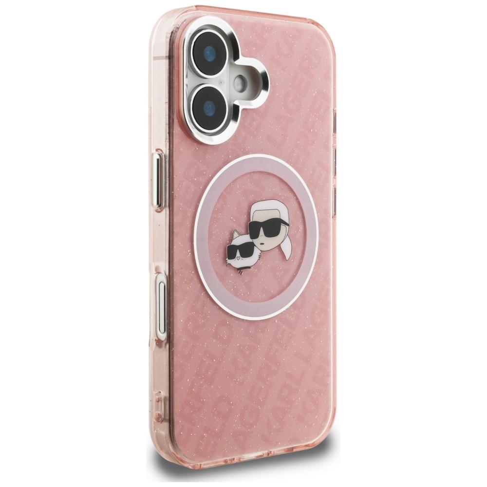 Karl Lagerfeld IML Glitter Karl & Choupette Heads Logo MagSafe Case for iPhone 16 Pink