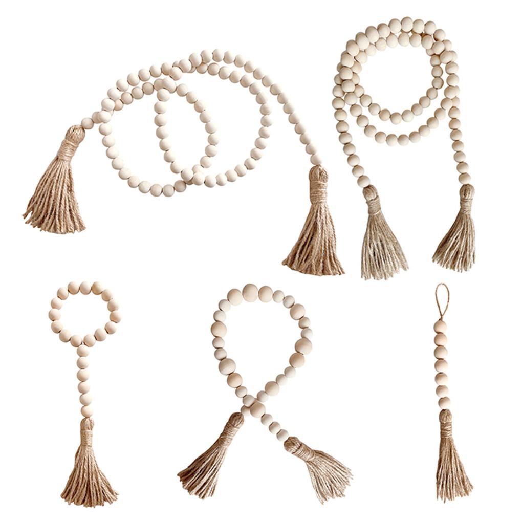 Nordic Wood Beads Garland with Tassel Farmhouse Beads Rustic Country Kids Home Wall Decor