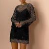 2 Pcs/Set Dress Set See Through Mesh Sequin Strappy Dress Long Sleeve Loose O Neck Hollow Out Lady Party Prom Dress