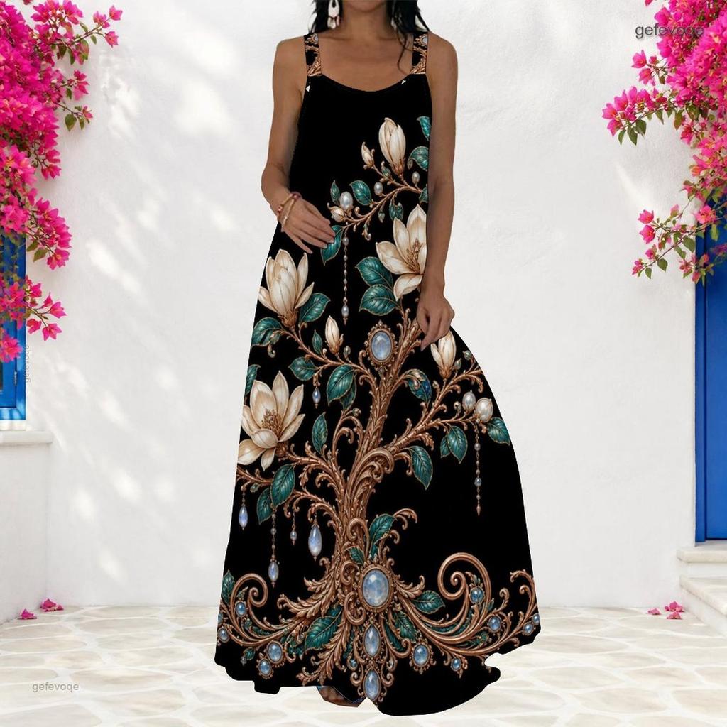 Women Plus Size Scoop Neck Strappy Sleeveless A Line Floral Printed Black Maxi Dress