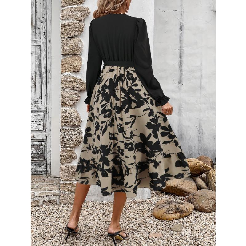 Весенне-осеннее женское платье трапециевидной формы с v-образным вырезом и длинным рукавом с принтом