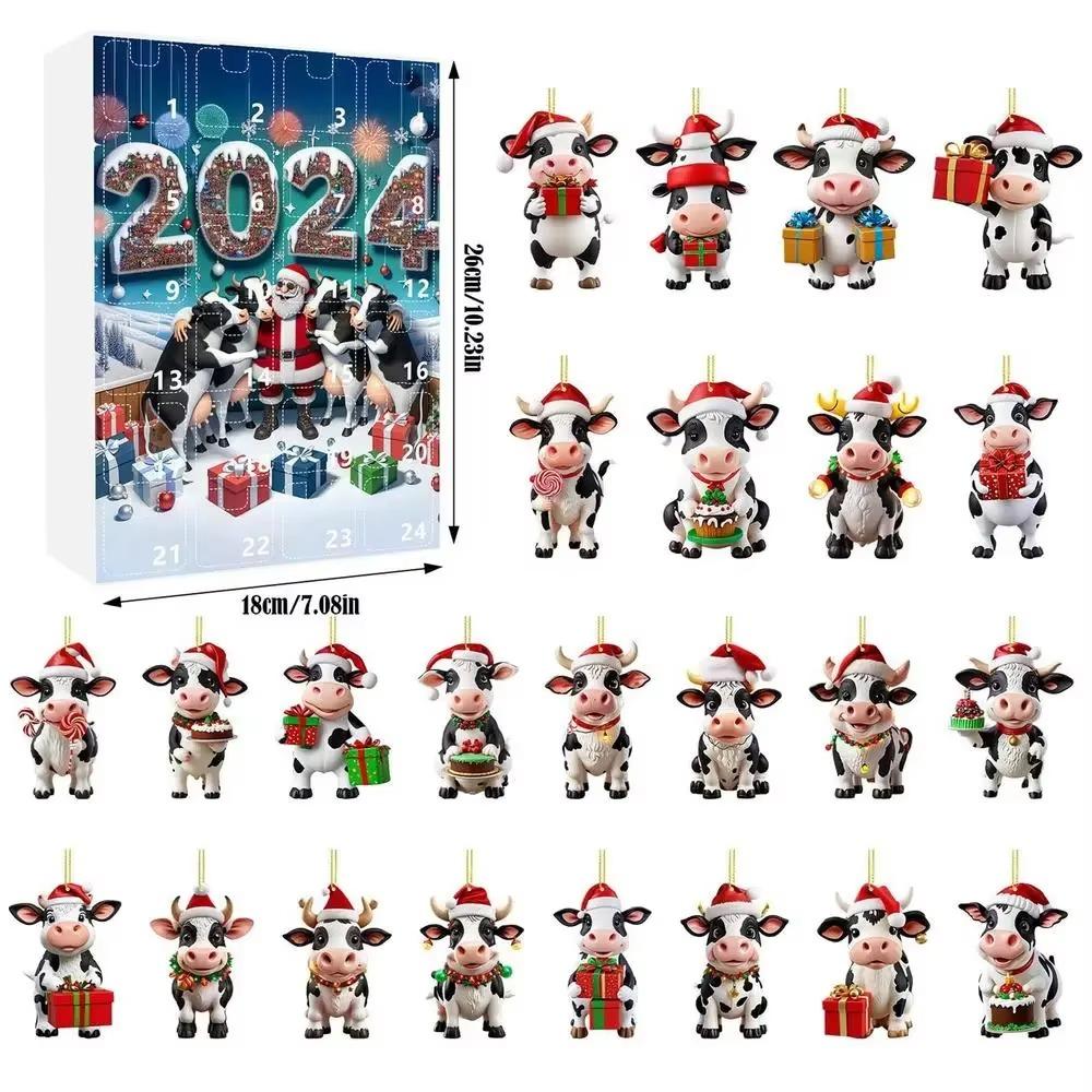 Рождественский адвент-календарь 2024 года «Корова в шапках Санты», 24-дневный рождественский адвент-календарь, 2D-украшение рождественской елки в виде коровы из Хайленда