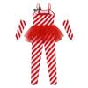 Girls Candy Cane Costume Santa Claus Christmas Sleeveless Stripes Print Tulle Peplum Long Jumpsuit with Arm Sleeves