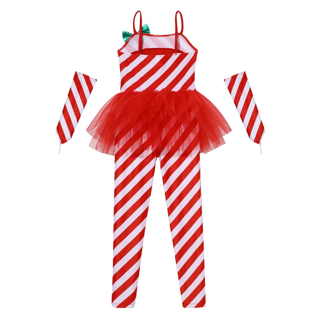 Girls Candy Cane Costume Santa Claus Christmas Sleeveless Stripes Print Tulle Peplum Long Jumpsuit with Arm Sleeves