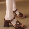 Коричневые ретро сандалии с квадратным носком женские 2025 новые французский высококлассный темперамент с открытым носком на толстом высоком каблуке шлепанцы для улицы