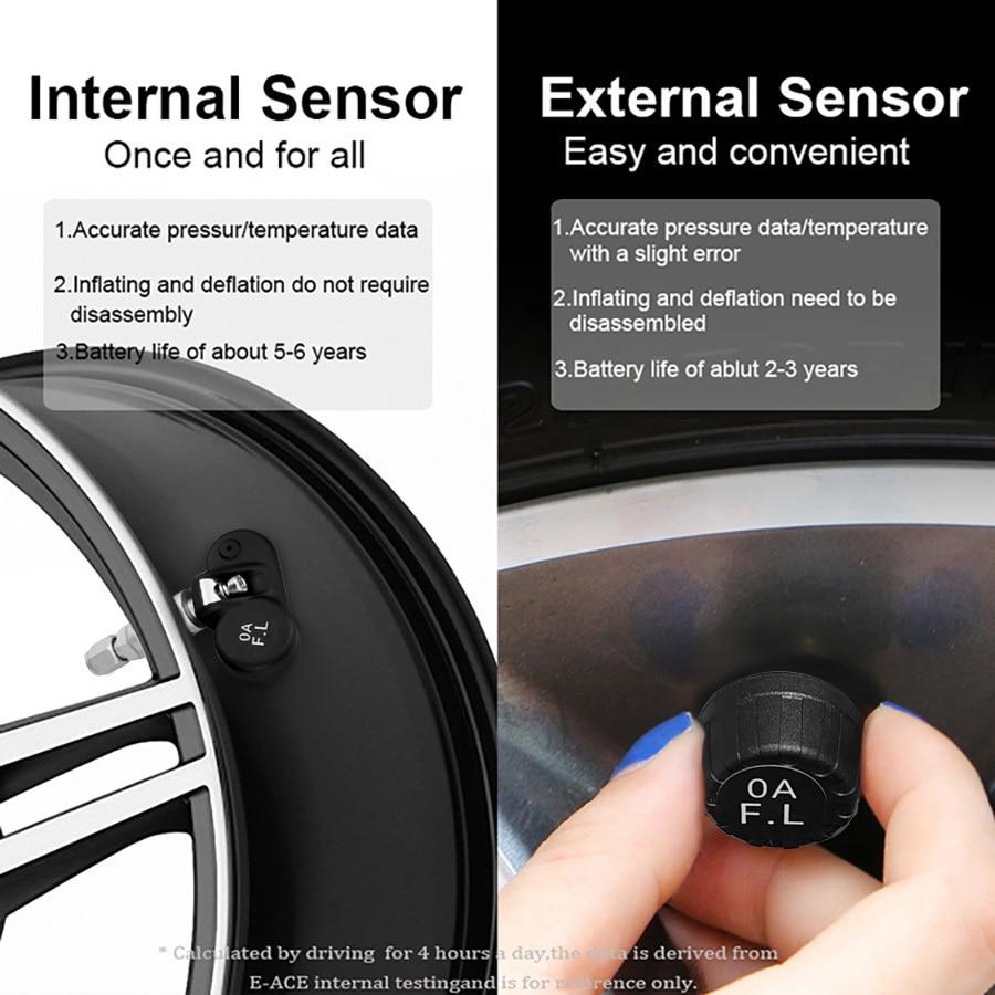 E-ACE TPMS Автомобильная система сигнализации давления в шинах Дисплей Интеллектуальное предупреждение о температуре с 4 датчиками Зарядка солнечной энергии