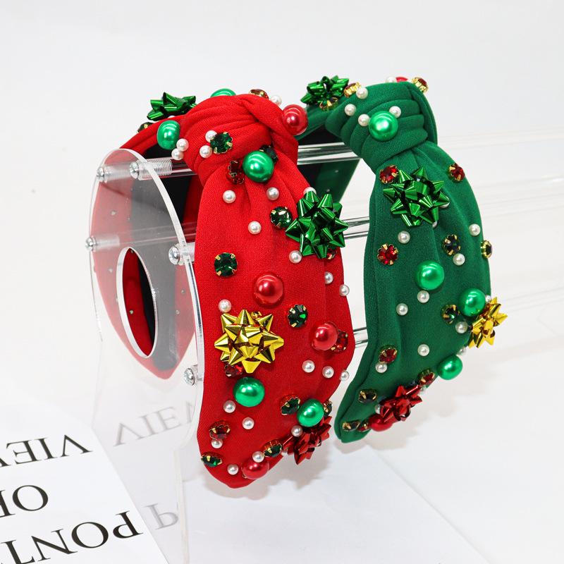 Европейская и американская рождественская повязка на голову с жемчужными цветами - Красный и зеленый трендовый аксессуар для женщин
