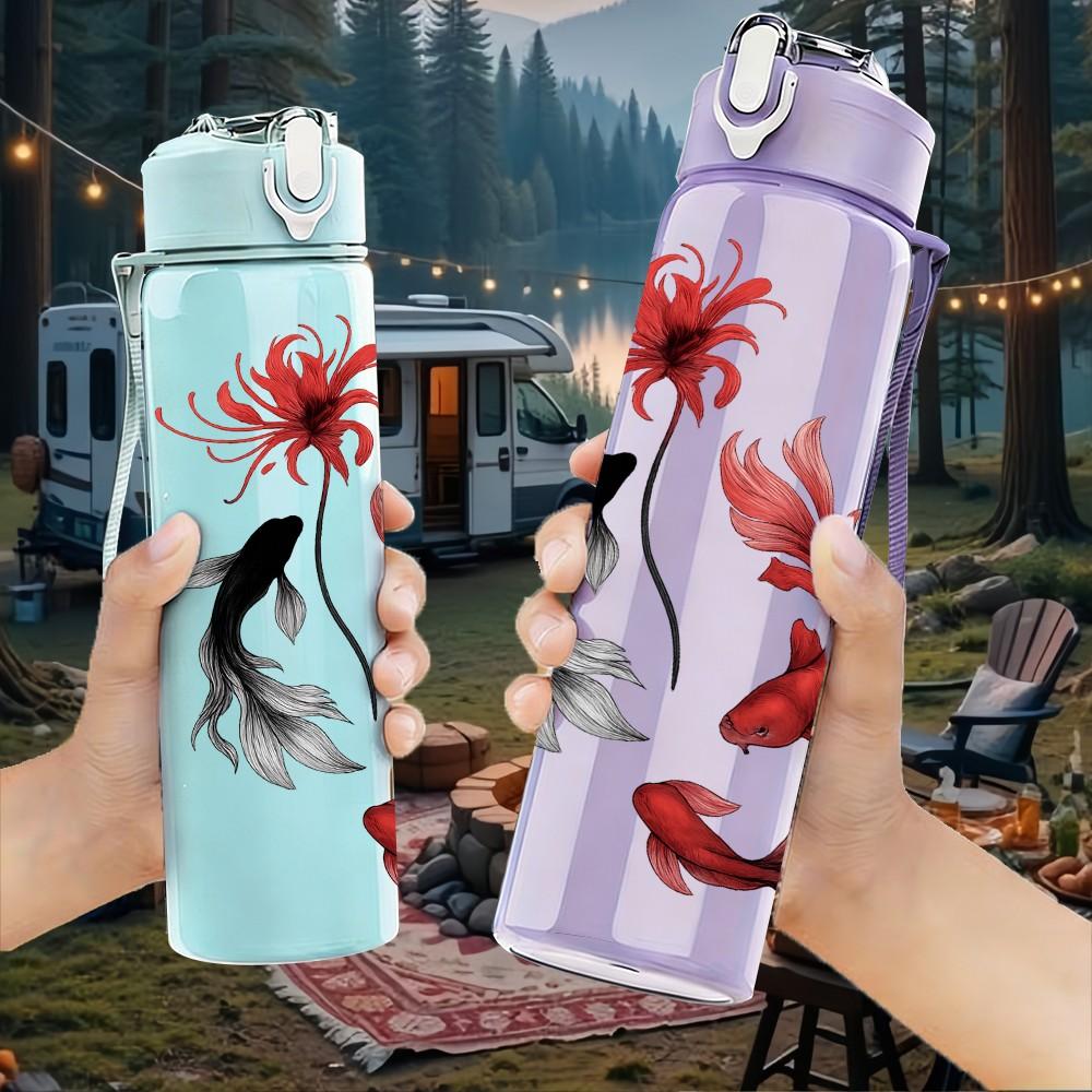 1PC Red Koi Fish And Lotus Art 750ml Color Plastic Sports Water Bottle Leakproof Flip Straw Lid Suitable for Sports Office Home Use