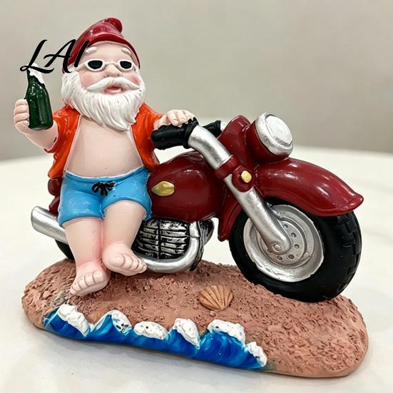 Environmentally Friendly Resin Art Funny Summer Beach Santa Motorcycle Figurine with Beer Motorbike Gnome Polished Corner Decoration Sculpture,