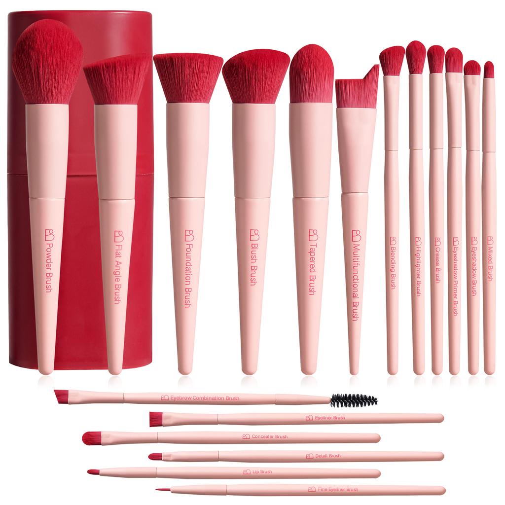 BS-MALL 18PCS Pink Makeup Brushes Set Private Lable Red Vegan Synthetic Brushes Cosmetic Set Quality Makeup Brushes with Holder