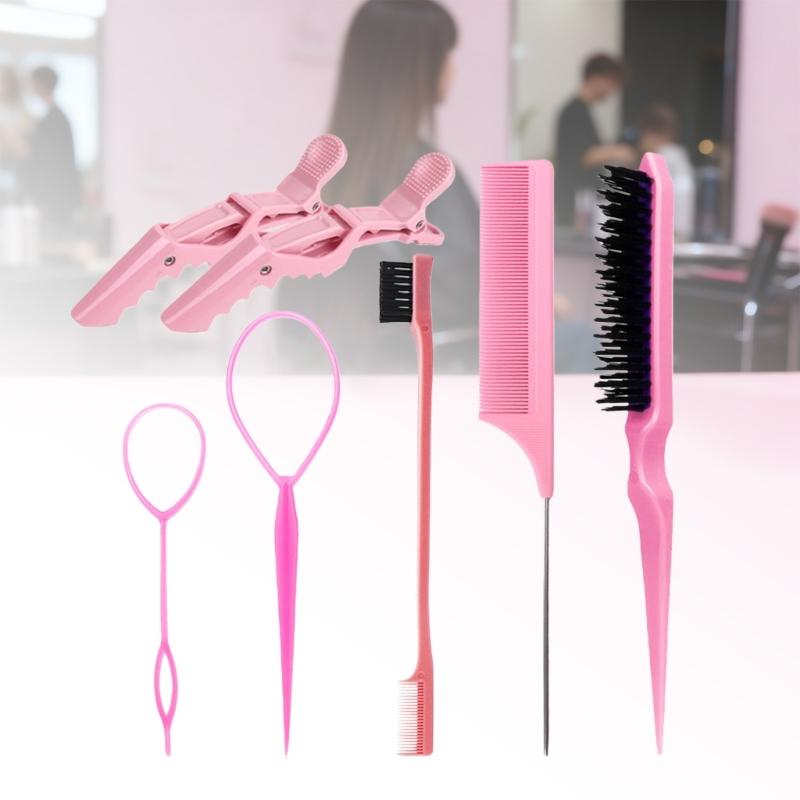 6Pcs Hair Brush Set Bristles Hair Brush Edge Controls Brush Tail Comb with Duckbill Clips Rubber Band for Women Girls